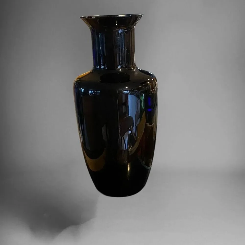 CROWN CORNING GLASS WORKS FIRENZE 12” HANDBLOWN BLACK GLASS VASE Handblown in It